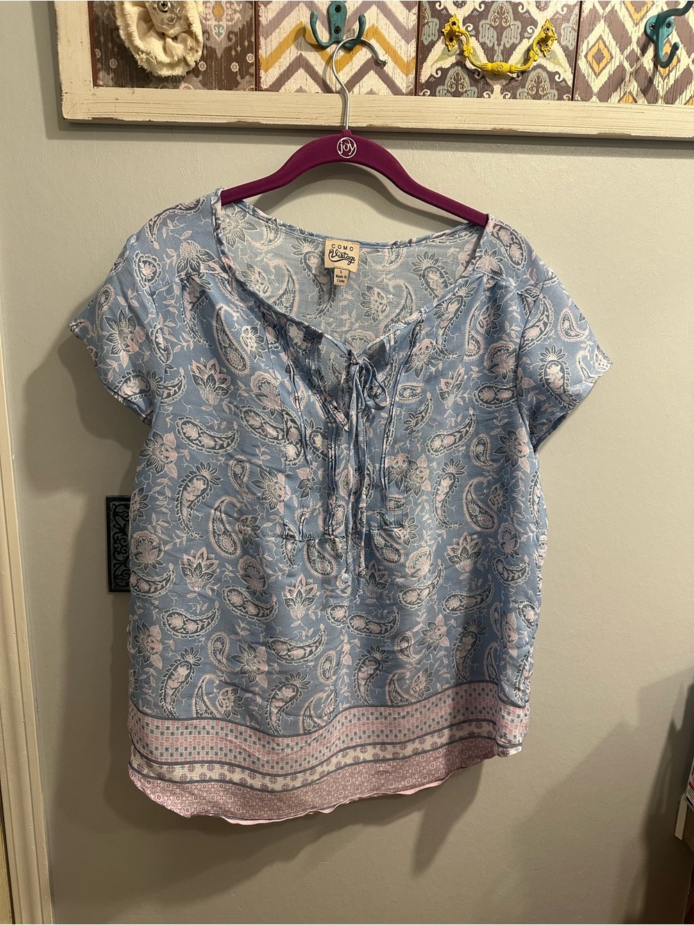 Como Vintage Blue Paisley Tie-Front Blouse with Pink Border